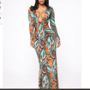 fashion nova - dream wave maxi dress - orange/combo **NEVER WORN**